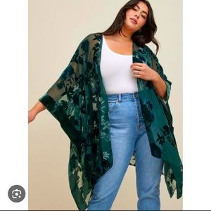 Torrid Velvet Burnout Ruana Kimono Sheer Popover Cover-Up Dark Green Plus Size